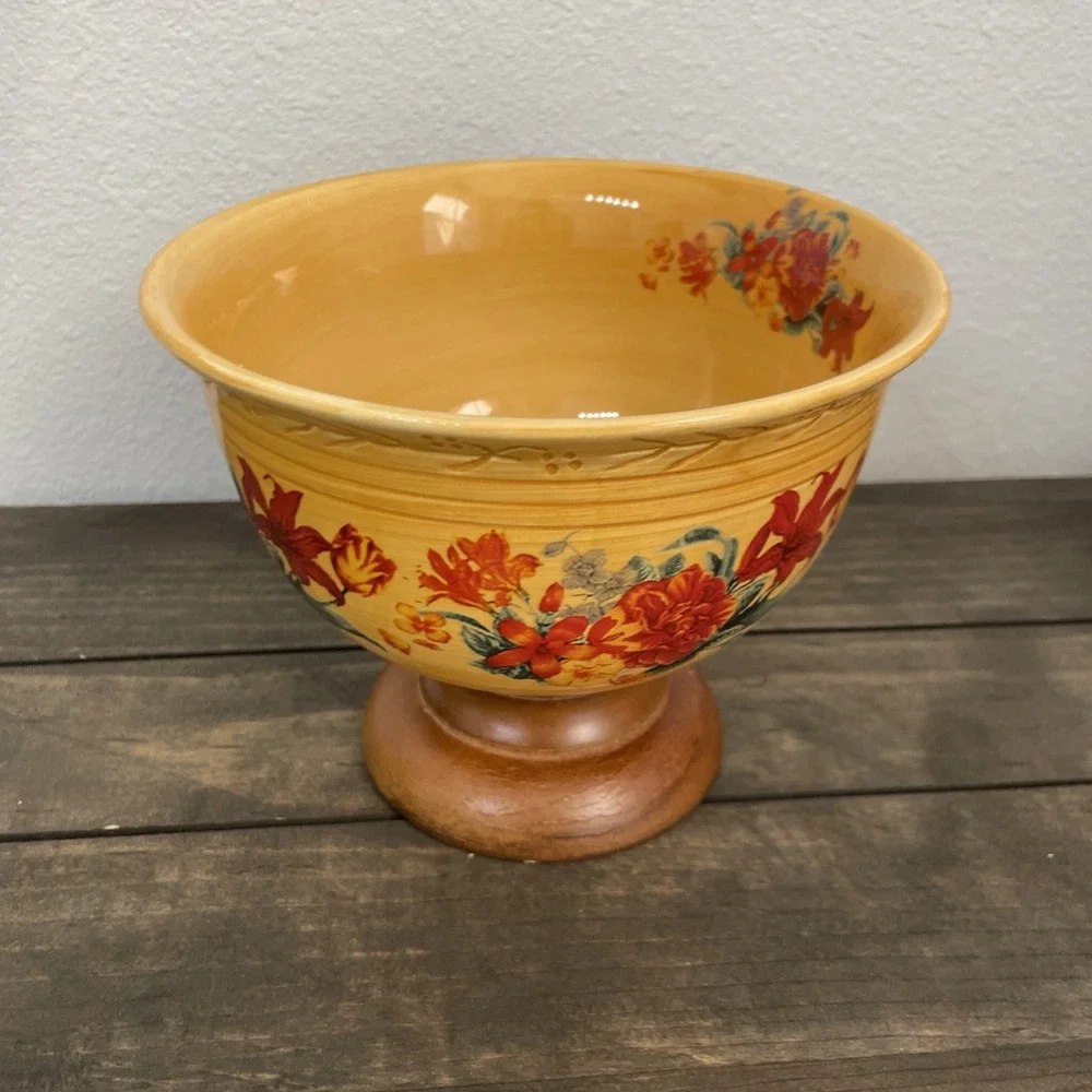 FTD Ceramic Centerpiece Bowl Wood Footed Floral Vase Fall Thanksgiving Decor